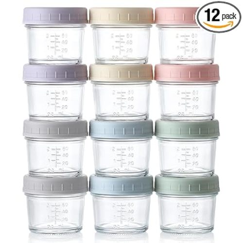 VITEVER 12Pack Glass Baby Food Storage Containers - 4 oz Baby Food Storage Jars With Lids, Baby Food Maker, Microwave, Dishwasher & Freezer Safe