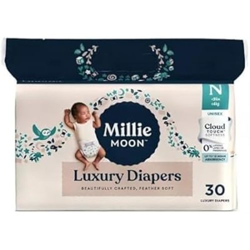 Millie Moon Luxury Diapers, (Size - Newborn and 30 Count) Weight Range: 4 to 10 lbs