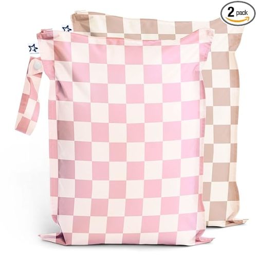 Mess Proof Wet Bags | 2-Pack Reusable Waterproof Wet Bags for Swimsuits | Baby Clothes | Travel & Diaper Bag (Pink, Brown Checkers)