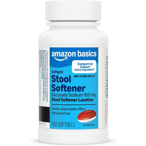 Amazon Basics Stool Softener Laxative, Docusate Sodium 100 mg, Softgels, for Constipation Relief, 100 Count (Previously Care)