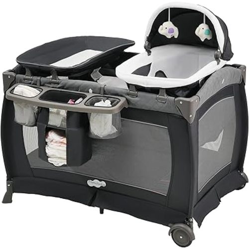 Pamo Babe Playard Portable Playard Foldable Playpen for Baby and Toddler Portable Crib Mattress Diaper Changer for Newborn (Grey)