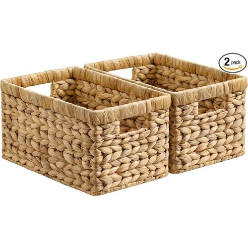 StorageWorks Wicker Basket, Baskets for Organizing, Storage Basket with Built-in Handles, Water Hyacinth Shelves (Medium 2-Pack, Natural Hyacinth)