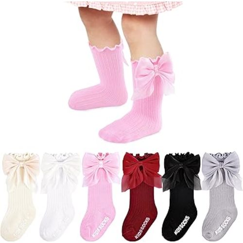 6 Pairs Baby Knee High Socks Girl Cotton Ruffle Stockings With Bow Long Non Slip Dress Sock For Newborn Infant