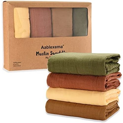 Muslin Baby Swaddle Blankets,Set of 4 Cotton Neutral Newborn Soft Receiving Blanket Swaddle Wrap for Boys & Girls,Forest Theme (47” x 47”)