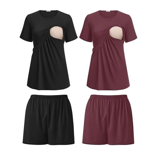 Ekouaer 2 Pack Women's Nursing Pajamas Set Double Layer Maternity Pjs Postpartum Loungewear Set Breastfeeding Tops & Shorts
