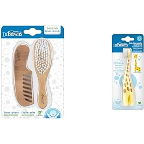 Dr. Brown's Baby Brush + Comb & Infant-to-Toddler Giraffe Training Toothbrush, 0-3 Years