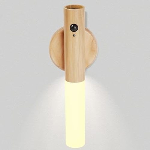 LANDGOO 1-Pack Magnetic Night Light with Motion Sensor, Ash Wood Cylindrical Rechargeable LED Lamp, White Light Only, Portable Bedside Light for Bedroom Nursery