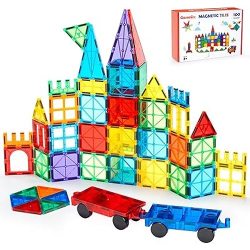 Gemmicc 100 PCS Magnetic Tiles with 2 Cars, STEM Approved Educational Magnet BuildingToys, Magnet Puzzles Stacking Blocks for Boys Girls