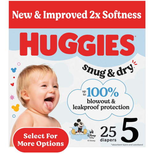 Huggies Snug & Dry Baby Diapers, Size 5 (27+ lbs), 25 Ct (Select for More)