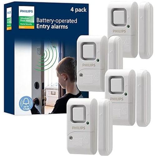 Philips Personal Security Window and Door Alarm, 4 Pack, DIY Protection, Burglar Alert, Wireless, Chime/Alarm, Easy Installation, Ideal for Home, Garage, Apartment, RV and More, LRM3320W/27