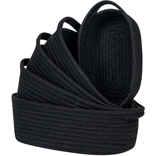 CubesLand Small Cotton Rope Storage Basket Set 5, Shelves Baskets for Organizing with Handle, Decorative Closet Storage Bins for Countertop Toilet Paper Basket for Toilet Tank Top,Black Basket