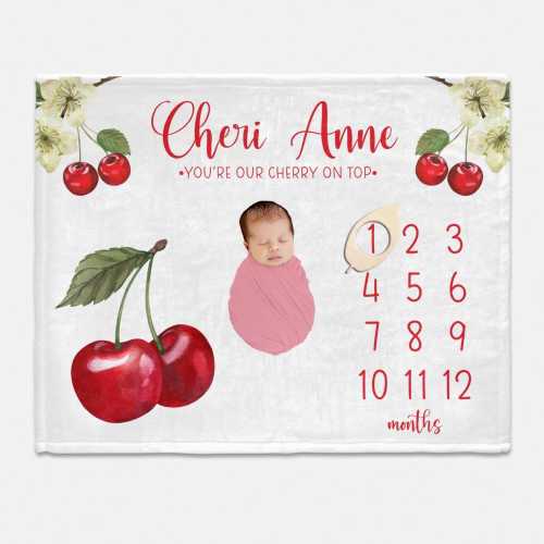 Cherry Girl  Milestone Blanket, Cherry Monthly Baby Blanket, Baby Shower Gift, Cherry Nursery Theme, Cherry Baby Shower Gift G97