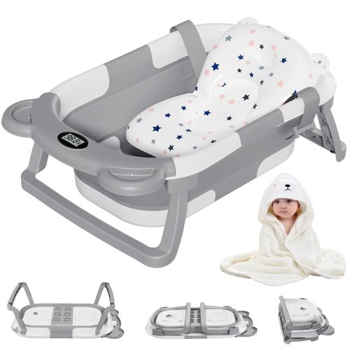 MoreFeel Collapsible Baby Bathtub for Newborn with Thermometer & 1 Hooded Towel & 1 Soft Floating Cushion,Portable Travel Bathtu