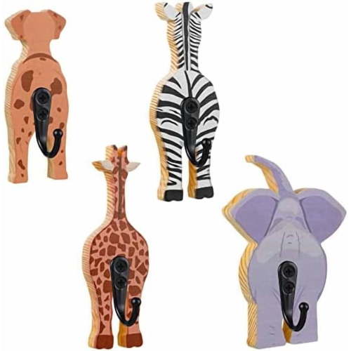 4 Pcs Safari Animal Wall Hooks Decorative Coat Wall Mounted Hooks Wooden Elephant Giraffe Zebra Dog Hanger for Nursery Bedroom Home Decor