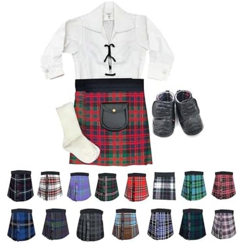 Traditional Baby Kilt Outfit set with baby kilt, Ghillie Shirt, Sporran, Brogues & kilt hose for Infants