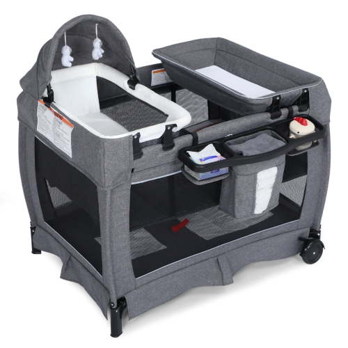 AILEEKISS 3-in-1 Foldable Baby Playard with Bassinet and Changing Table for Newborn, Grey