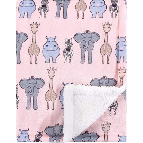 Hudson Baby Unisex Baby Plush Mink and Sherpa Blanket, Pink Safari, One Size