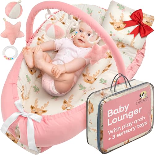 Portable Baby Lounger for Newborn w/Removable Arch & 3 Toys - Infant Lounger w/ 38% More Protection - Comfort, Breathable and Soft Floor Dock a Tot for Home and Travel | 0-24 (Pink)