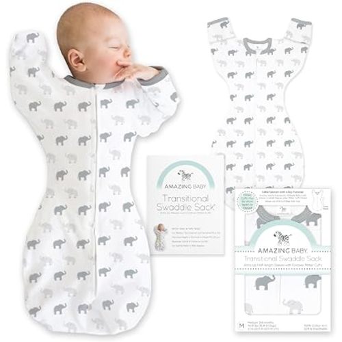 Amazing Baby Transitional Swaddle Sack with Arms Up Half-Length Sleeves and Mitten Cuffs, Small, 0-3 months, 6-14 lbs, Tiny Elephants, Sterling (Arms Up Swaddle, Transition Swaddle Sleep Sack)
