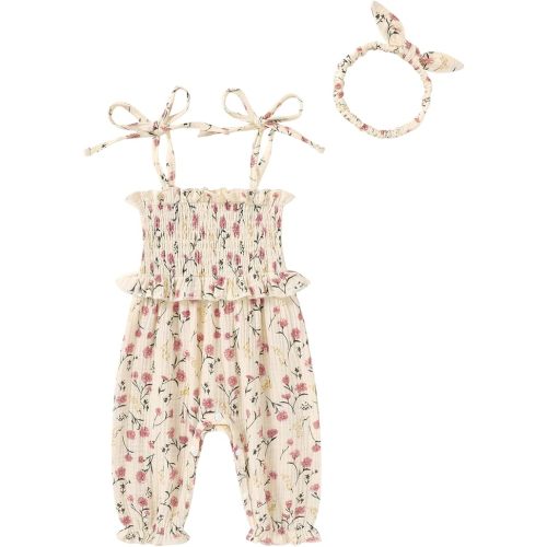 YOUNGER TREE Newborn Baby Girl Clothes Summer Sleeveless Smocked Romper with Headband Toddler Jumpsuit Outfits