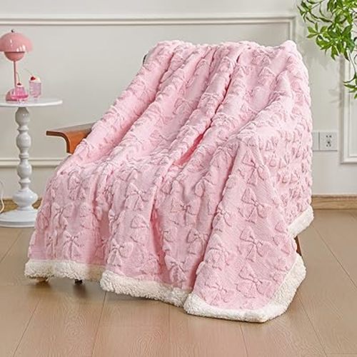 Breling Bow Sherpa Throw Blanket 50"x 60" Coquette Plush Thick Warm Soft Cute Blanket for Bed Sofa Couch Aesthetic Preppy Bedding Stuff Room Decor Gifts for Fall Thanksgiving Christmas (Pink)