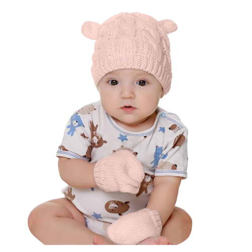 ShomPort Newborn Winter Beanie Hat Gloves Set 2 PCS Infant Knit Beanie and Fleece Lined Mittens