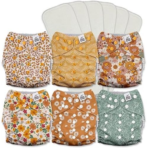 Mama Koala 3.0 Pocket Cloth Diapers for Babies with AWJ Lining, 6 Pack with 6 5-Layer Natural Cloth Diaper Inserts - Reusable and Washable Pocket Diapers(A-Little Daisies)