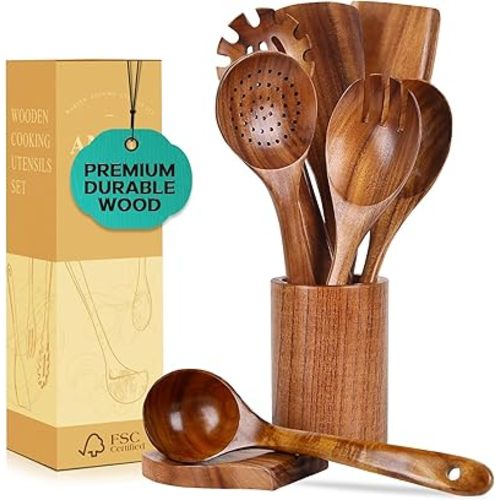 ANBUY Wooden Spoons for Cooking, Natural Teak Cooking Utensils Set, Wooden Kitchen Utensils Set with Holder & Spoon Rest, Wooden Cooking Utensils Set of 9