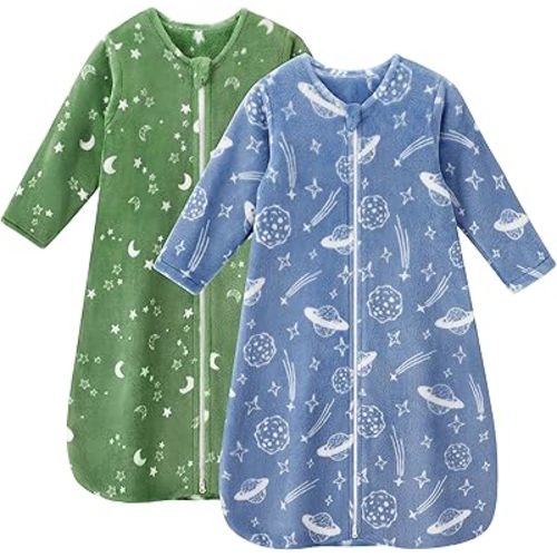 Fleece Baby Sleep Sack 0-6 Months Long Sleeve 2.0 Tog Baby Wearable Blanket with 2-Way Zipper Warm Sleeping Sack for Toddler Infant Newborn - Small Blue Green Planet