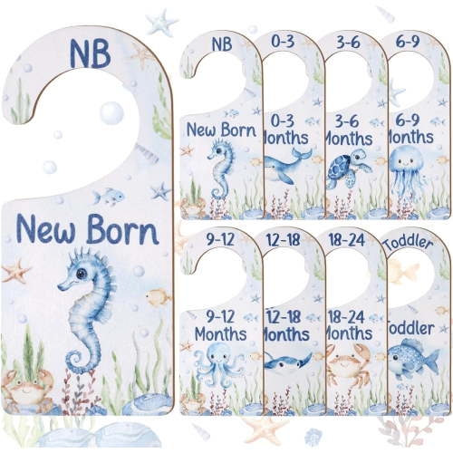 Baby Closet Dividers 8PCS, Under the Sea/Ocean Animal Theme Wooden Double-Sided Clothes Size Hanger Organizer from Newborn to Toddler for Nursery Decor Baby Shower Birthday Gift