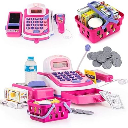 Prextex Grocery Store Pretend Play Electronic Toy Cash Register Set - STEM Cash Register for Kids with Microphone, Play Money, and Food Basket - Kids Checkout Toys with Scanner- Pink