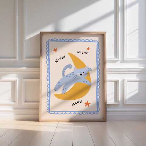 Night Night Cat Print: Cat on Moon Nursery Wall Art, Blue Playful Animal Artwork