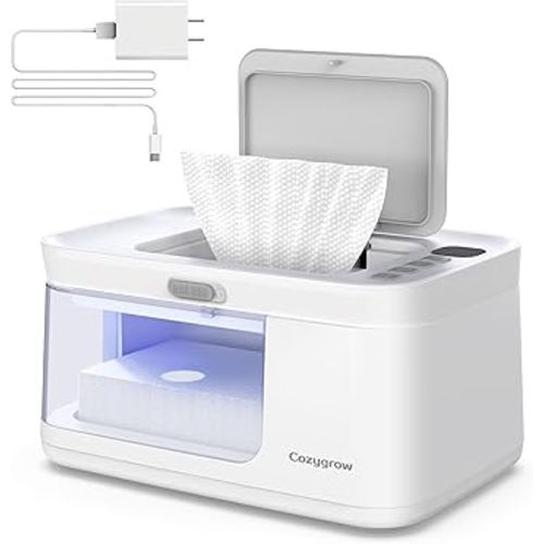 Baby Wipe Warmer Baby Wet Wipes Dispenser, Cozygrow Diaper Wipe Warmer with LED Light & Transparent Viewing Window, Adjustable 95℉-131℉, 1.5 Meter Plug Cord
