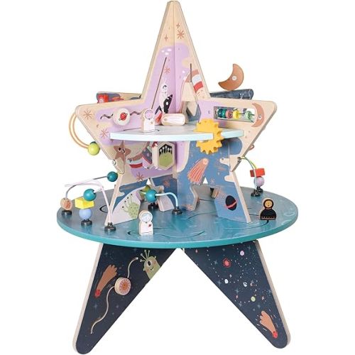 Manhattan Toy Double-Decker Celestial Star Explorer Wooden Activity Center with Shape Gliders, Spinners, Bead Runs and Alluring Artwork