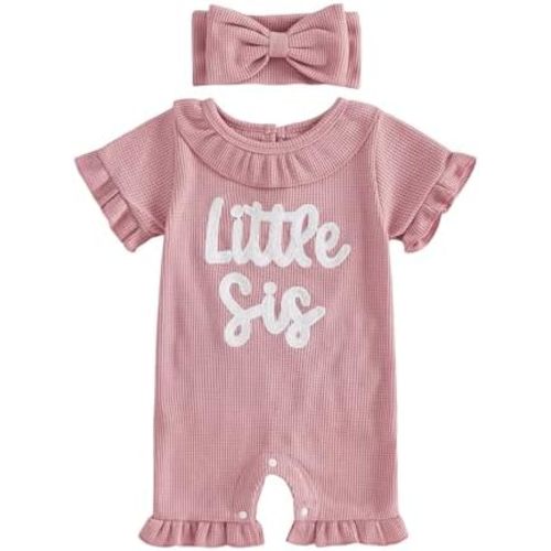 Tsultryofs Baby Girl Romper Newborn Infant Summer Jumpsuit Letter Embroidery Ruffle Crew Neck Romper with Headband