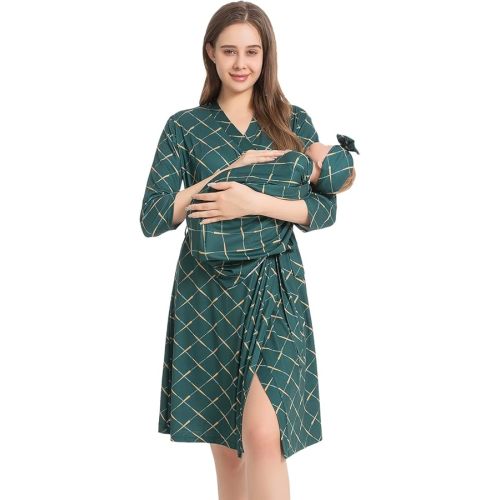 Galabloomer Maternity Robe and Baby Receiving Blanket, Matching Mommy Labor Delivery Robe and Swaddle Set Green Argyle
