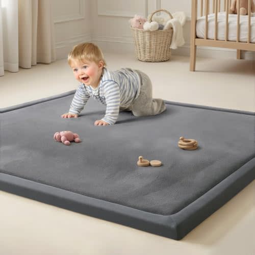 Goyuu Soft Baby Play Mat for Floor, 50x50 Playpen Mat Elasti-Foam Padded 1.3" Thick Crawling Nursery Mat, Non-Slip Backing for Toddlers Infant, Water-Repellent Coral Velvet Tummy Time Mat