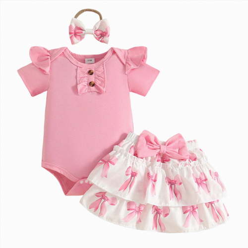 TOWED22 Baby Girl Romper Jumpsuit 3Pcs Outfits Clothing Set Round Neck Short Sleeve Elastic Waist Floral Shorts Bow Headband(Pink,0-3 M)