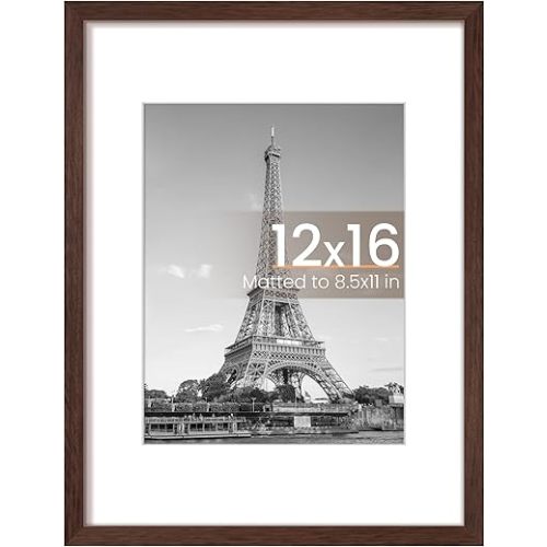 upsimples 12x16 Picture Frame, Display Pictures 8.5x11 with Mat or 12 x 16 Without, Wall Hanging Poster Frames, Brown, 1 Pack