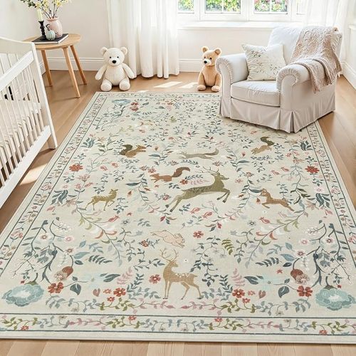 5x7 Area Rugs Washable Rug: Lagre Boho Living Room Rug Soft Non-Slip Thin Carpet Indoor Floor Non-Shedding Neutral Floral Carpets for Bedroom Dining Room Farmhouse Nursery Beige Animal