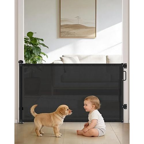 Retractable Baby Gates for Doorways, 58" Extra Wide Mesh Child Dog Gate for Stairs, 34" Tall Toddler Pet Gate Indoor and Outdoor, Easy Install, Essential for Home Safety, Black
