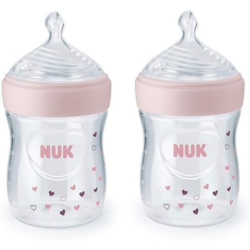 NUK Simply Natural Baby Bottle with SafeTemp, 5 oz, 2 Pack, Pink Hearts