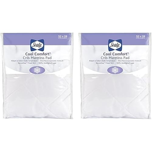Sealy Baby Cool Comfort Fitted Waterproof Infant Cooling Crib Mattress Protector Pad and Toddler Bed Cover, Durable and Comfortable Topper, Machine Washable and Dryer Friendly, 52” x 28”- White