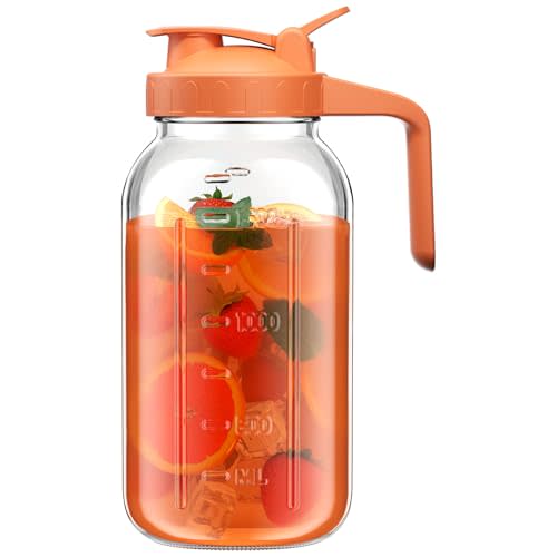 64 oz Glass Pitcher with Lid, Large Wide Mouth Mason Jar with Pour Spout, Orange Sun Tea Glass Jar for Outside, Lemonade Pitcher Great for Drink, Cold Beverages and Breast Milk