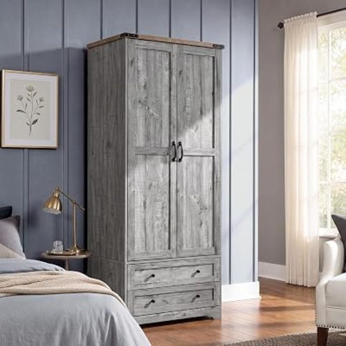 Yechen 71" Wooden Armoire Wardrobe Closet with 2 Doors & 2 Drawers, Grey