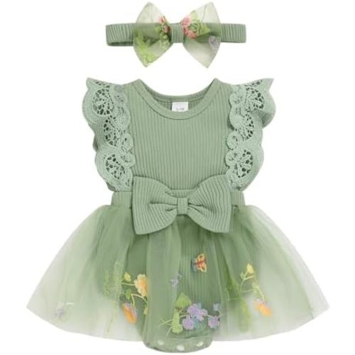 Baby Girl Romper Dress, Tulle Skirt Bodysuit Ruffle Sleeveless Summer Outfit with Headband for Infants 0-12M