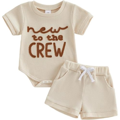 allshope Newborn Baby Boy Summer Outfit Set New To The Crew Embroidery Romper Jumpsuit Shorts Infant Waffle Clothes