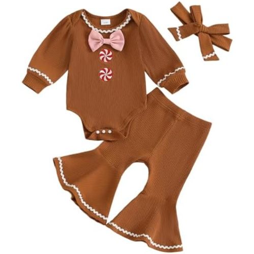 TheFound Infant Baby Girl Clothes Newborn Ruffle Long Sleeve Ribbed Romper Print Bell Bottom Toddler Baby Fall Winter Outfit