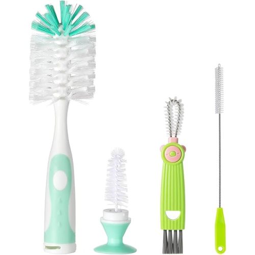 Baby Bottle Brush Set 4 in 1, Baby Bottle Cleaner, with 1P Nylon Bottle Brush, 1P Bottle Cap Brushes, 2P Straw Brushes, Bottle Brush with Nipple Cleaner and Suction Cup, BPA-Free(Green)