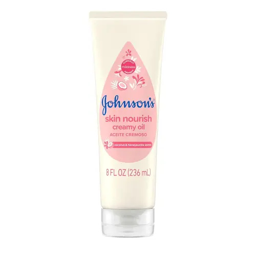Johnson's Skin Nourish Creamy Baby Oil for Dry Skin with Coconut & Honeysuckle Scent, Rich & Creamy Baby Body Oil Moisturizes for 24 Hours & Helps Prevent Dryness, Hypoallergenic, 8 fl. oz